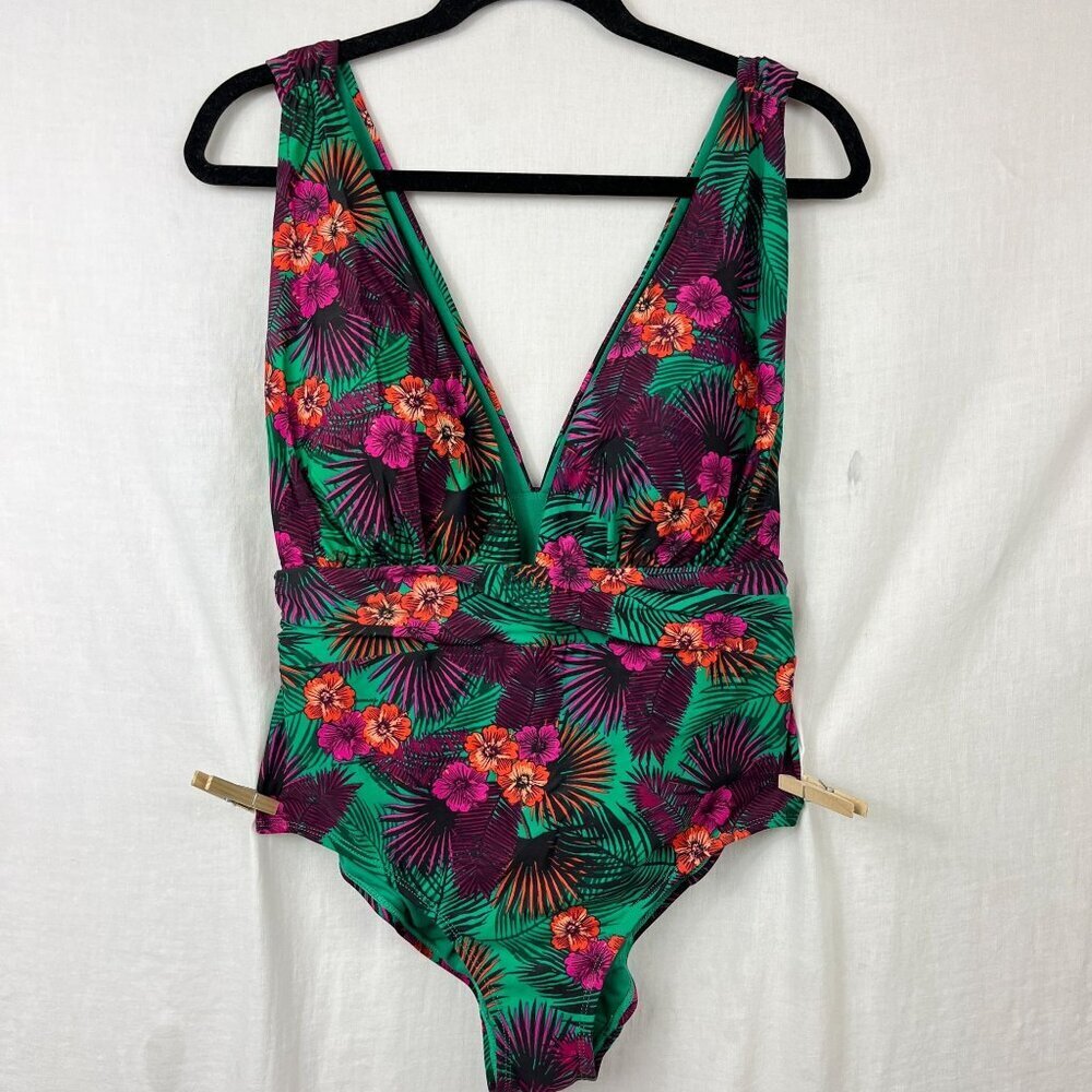 Plunge Low Cut Hipster One Piece Swimsuit Women M Ruched Tropical Floral Hawaiia